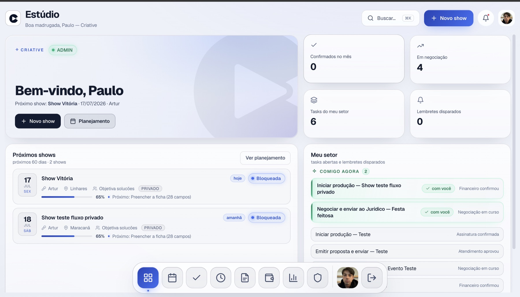 Criative Estúdio, home do sistema com próximos shows e tasks